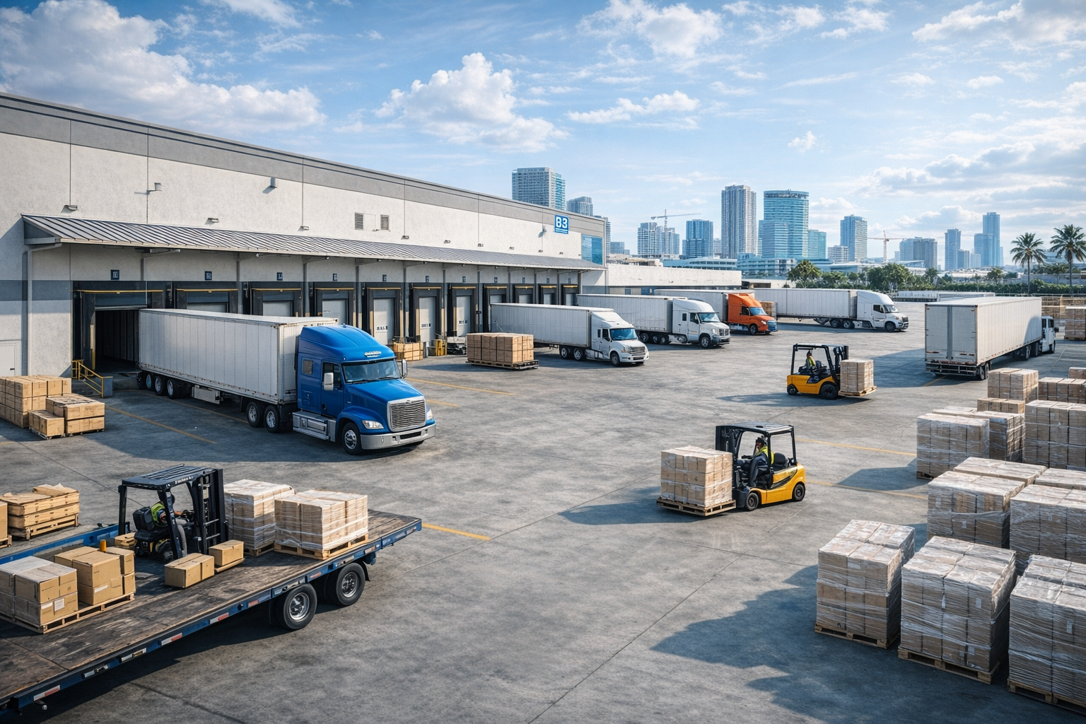 Cross docking services in Miami with trucks at dock doors and rapid outbound dispatch